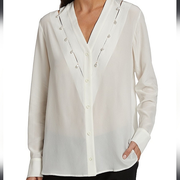 NWT$1,195 Altuzarra Amanda Swarovski Pearl Ivory Top Button Up Blouse Sz 46 (14) - Picture 2 of 11